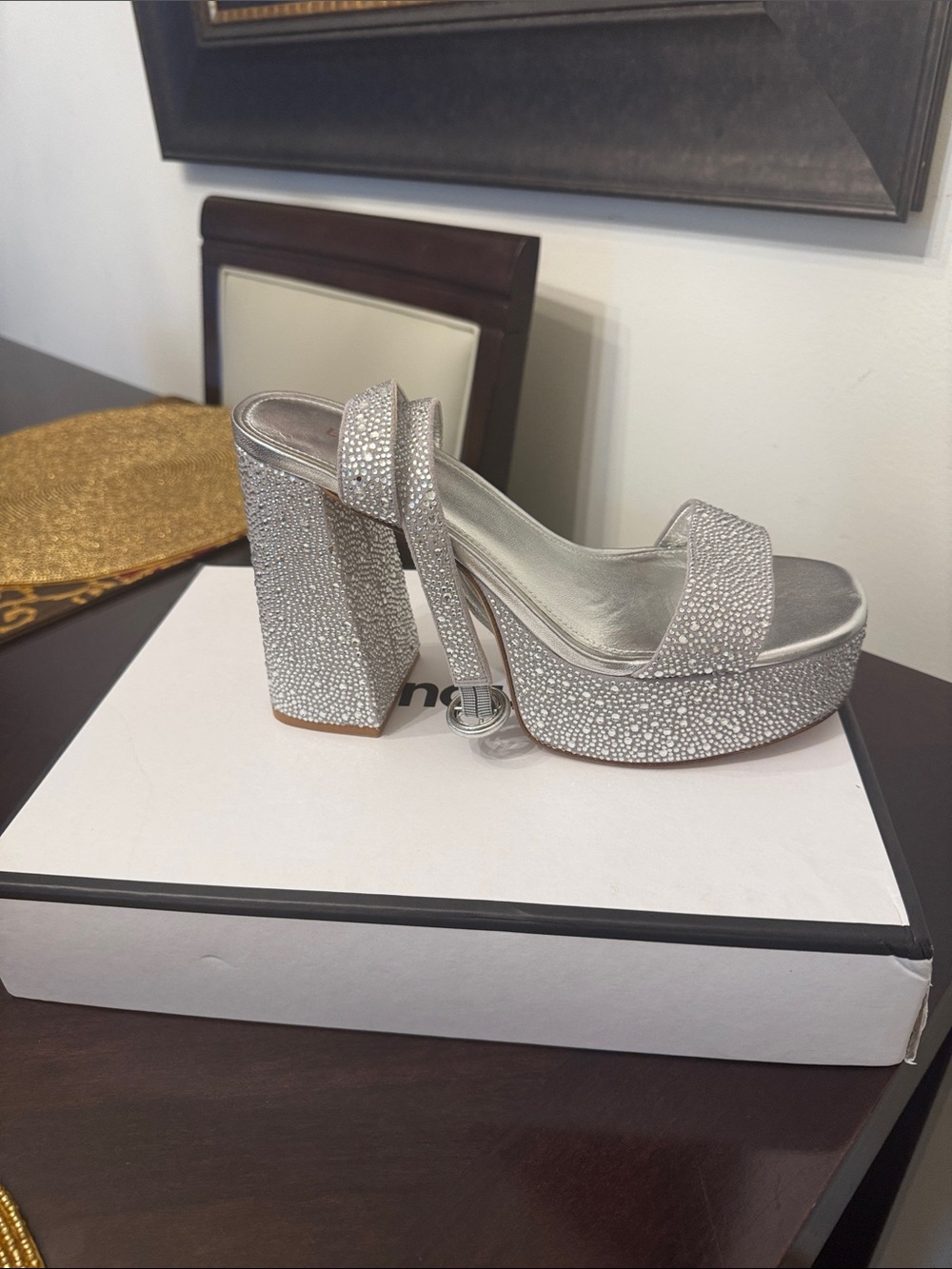 Larroude Silver Rhinestone Platform Block Heel Sandals